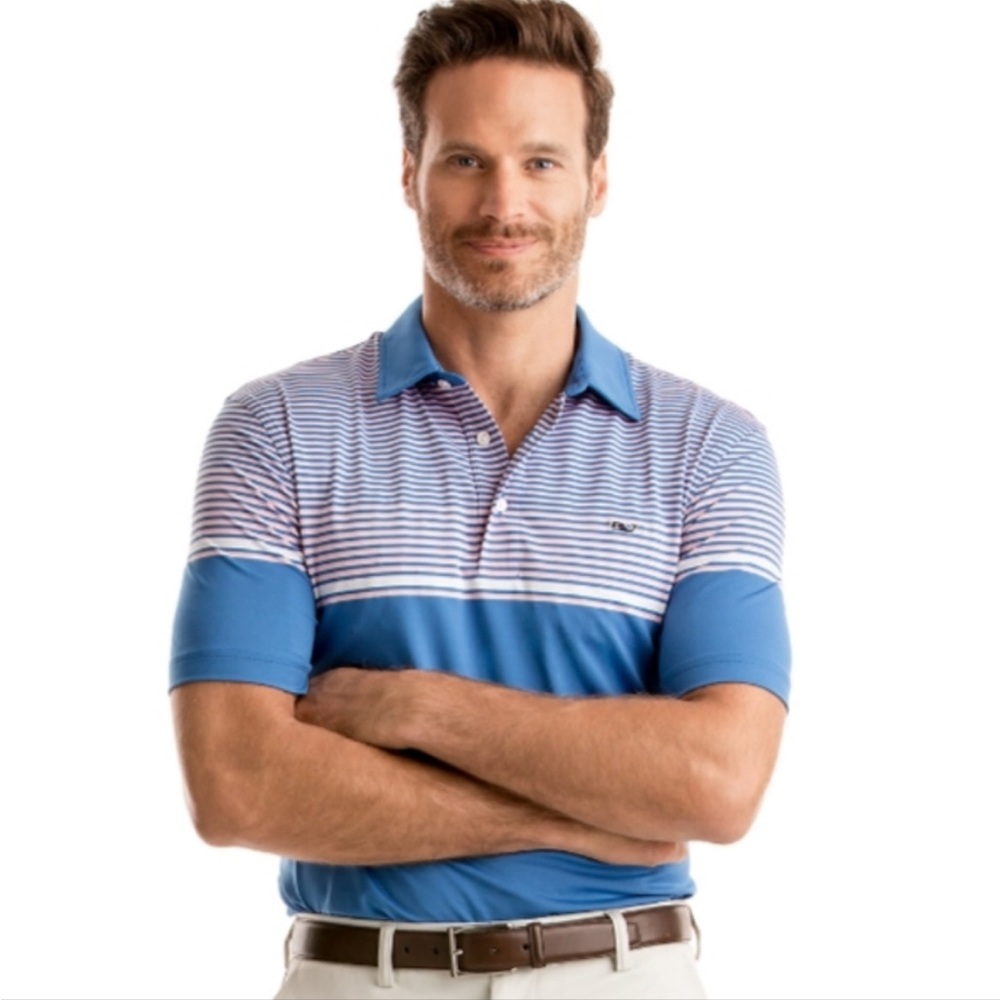 Mens Vineyard Vines Performance Polo Blue Pink Stripe XL